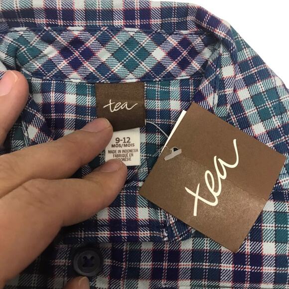 Tea Collection Patterned Button Up Baby Shirt Forest Plaid Infant Boy 9-12 Month - Picture 5 of 5